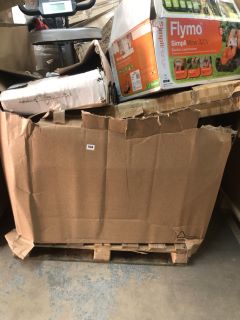 PALLET BOX OF ASSORTED ITEMS INC FLYMO ELECTRIC LAWNMOWER