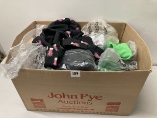 BOX OF ASSORTED CLOTHING IN VARIOUS SIZES & DESIGNS