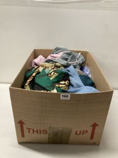 BOX OF ASSORTED CLOTHING IN VARIOUS SIZES & DESIGNS