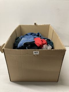 BOX OF ASSORTED CLOTHING IN VARIOUS SIZES & DESIGNS