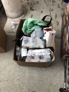 BOX OF ITEMS INC CLOTHING, TISSUE AND LENS WIPES