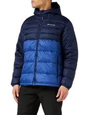 COLUMBIA MEN'S QUILTED HOODED JACKET, NIGHT TIDE, COLLEGIATE NAVY, M - LOCATION 42A.