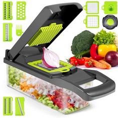 10 X FOOD CUTTER, 12 IN 1, MULTIFUNCTION, CUT, GRATE, SLICE, SHRED, CLEAN, DRAIN, CUTTER WITH 8 ADJUSTABLE BLADES, STAINLESS STEEL, VEGETABLES, FRUIT, SALAD, VEGETABLES - LOCATION 9C.