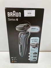 BRAUN SERIES 6 MEN'S ELECTRIC SHAVER, BEARD TRIMMER, PRECISION TRIMMER, SENSOFLEX HEAD, CHARGING BASE, CASE, RECHARGEABLE, WATERPROOF AND CORDLESS, GREY - LOCATION 32C.