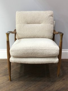 THEODORE ACCENT ARMCHAIR IN IVORY BOUCLE FABRIC AND DARK STAINED OAK WITH BRASS ACCENTS - RRP £995: LOCATION - C8