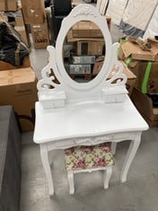 VINTAGE WHITE DRESSING TABLE WITH MIRROR AND FLORAL UPHOLSTERED STOOL.