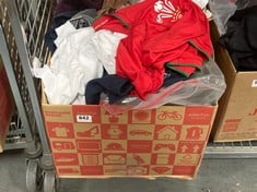 BOX OF ASSORTED CLOTHES TO INCLUDE WELSH RUGBY UNION RED T-SHIRT - SIZE S (DELIVERY ONLY)