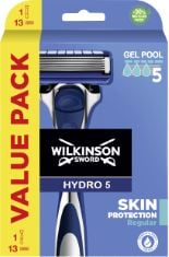 QTY OF ITEMS TO INLCUDE BOX OF ASSORTED SHAVING ITEMS TO INCLUDE WILKINSON SWORD - HYDRO5 SKIN PROTECTION REGULAR- SPECIAL PACK - PACK WITH 1 HANDLE AND 13 REFILL BLADES, KING C. GILLETTE MEN'S PERFE
