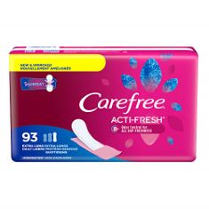 QTY OF ITEMS TO INLCUDE BOX OF ASSORTED SANITARY PRODUCTS TO INCLUDE CAREFREE BODY SHAPE EXTRA LONG TO-GO PANTILINERS-UNSCENTED-93 CT, CAREFREE COTTON FEEL NORMAL PANTY LINERS, 56 COUNT (PACK OF 1).