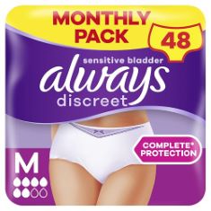 QTY OF ITEMS TO INLCUDE BOX OF ASSORTED SANITARY ITEMS TO INCLUDE ALWAYS DISCREET INCONTINENCE PANTS WOMEN, MEDIUM, UK SIZE 10-16, WHITE, ABSORBENCY 5, 48 UNDERWEAR / KNICKERS (12 X 4 PACKS), HEAVY B