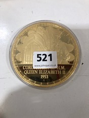 22 CARAT GOLD PLATED OVERSIZED COMMEORATIVE COIN, CORONATION OF QUEEN ELIZABET II (DELIVERY ONLY)