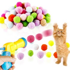 QUANTITY OF ASSORTED ITEMS TO INCLUDE BEBESTER CAT TOYS INTERACTIVE FOR INDOOR CATS, CAT TOY GUN LAUNCHER SELF PLAY CAT BALL TOY FOR KITTY, DOG AND PET, BALL SHOOTER FOR TRAINING AND PLAYING (50PCS):