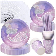 QUANTITY OF ASSORTED ITEMS TO INCLUDE AM IKEJI 85 PCS MERMAID PARTY TABLEWARE, CHILDREN'S BIRTHDAY 20 GUESTS DISPOSABLE TABLEWARE DECORATIONS DESSERT PLATES CUPS NAPKINS STRAWS FOR BABY SHOWER, WEDDI