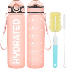 20 X GOSWAG 1000 ML SPORTS WATER BOTTLE WITH STRAW AND CARRY STRAP, 1 LITRE BPA-FREE AND LEAK-PROOF WATER BOTTLE WITH TIME MARKINGS AND MOTIVATIONAL QUOTES, WATER BOTTLE CLEANER KIT INCLUDED, PEACH -