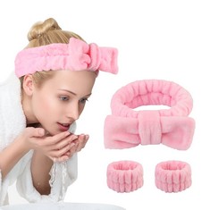 QUANTITY OF UNIMEIX 3 PACK SPA HEADBAND AND WRIST WASHBAND FACE WASH SET,REUSABLE SOFT MAKEUP HEADBAND FLEECE SKINCARE HEADBANDS FOR WASHING FACE SHOWER (PINK) - TOTAL RRP £215: LOCATION - E