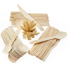 12 X BOPU 200 PCS DISPOSABLE WOODEN CUTLERY SET BIODEGRADABLE WOODEN UTENSILS ECO FRIENDLY COMPOSTABLE WOODEN CUTLERY-50 SPOONS, 50 FORKS, 50 KNIVES, 50 FRUIT FORKS FOR CAMPING AND PICNIC PARTY WEDDI