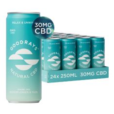 GOODRAYS - 30MG CBD DRINK - 24 X 250ML CANS - ELDERFLOWER & YUZU - NATURAL FLAVOURS, LOW CALORIE, VEGAN - HIGH STRENGTH (30MG/CAN), ALL NATURAL - REDUCE STRESS & UNWIND ( 7 BOXES ). (DELIVERY ONLY)
