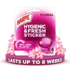 ASSORTED TOILET CLEANING ITEMS TO INCLUDE HARPIC HYGIENIC FRESH STICKER ADHESIVE TOILET BLOCK, FLORAL, PACK 1 X 4 STICKERS, TOILET FRESHENER, NO PLASTIC APPLICATOR, UP TO 8 WEEKS OF FRESHNESS. (DELIV