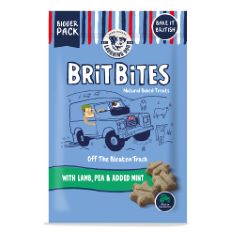 19 X LAUGHING DOG - BRIT BITES - WHEAT FREE NATURALLY OVEN BAKED DOG TREATS WITH LAMB, PEA & ADDED MINT - 175G. (DELIVERY ONLY)