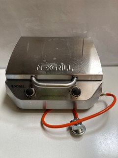 A NEXGRILL PORTABLE STAINLESS STEEL GAS GRILL TOGETHER WITH A VANGO 2 BURNER GAS COOKER AND A CAMPINGGAZ GAS BOTTLE CONNECTOR