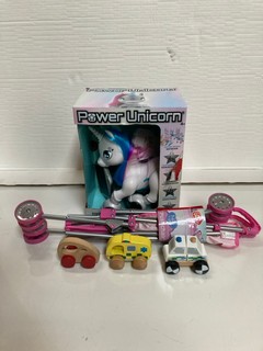 A BOX OF CHILDRENS TOYS TO INCLUDE A LEXBROOK POWER UNICORN