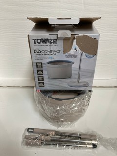 A BOX OF ASSORTED ITEMS TO INCLUDE A TOWER DUO COMPACT TURBO SPIN MOP