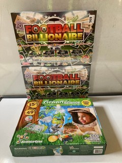 2 X FOOTBALL BILLIONAIRE GAMES ALSO INCLUDES GREEN SCIENCE CHILDRENS SCIENCE EXPERIMENT SET