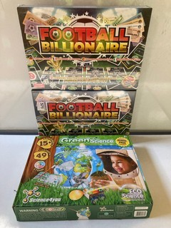 2 X FOOTBALL BILLIONAIRE GAMES ALSO INCLUDES GREEN SCIENCE CHILDRENS SCIENCE EXPERIMENT SET