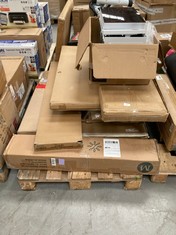 PALLET WITH A NUMBER OF DIFFERENT MODELS OF FURNITURE INCLUDING LG MICROWAVES (MAY BE BROKEN OR INCOMPLETE).