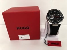 HUGO MULTIFUNCTION ANALOG QUARTZ WATCH FOR MEN, WILD COLLECTION WITH STRAP, LEATHER, BLACK - LOCATION 2B.