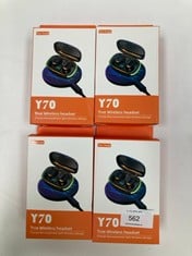 4 X Y70 WIRELESS HEADPHONES WITH PORTABLE CHARGING CASE AND LED DISPLAY, BLUETOOTH, WATERPROOF, NOISE CANCELLING AND COMPATIBLE WITH SMARTPHONES, TABLETS AND PC. IN BOX