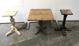 4 X WOODEN STOOLS TO INCLUDE WOODEN FARMHOUSE TABLE AND TABLE BASES