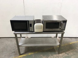 2 X STAINLESS STEEL WORK BENCHES TO INCLUDE 2 X MICROWAVES AND TOASTER