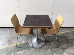 WOODEN TABLE WITH STEEL BASE TO INCLUDE 2 X CHAIRS