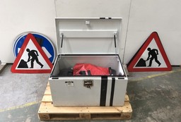 STEEL STORAGE BOX TO INCLUDE ASSORTED ITEMS FS OPTICAL POWER METER AND ROAD SIGNS