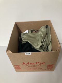A BOX OF ASSORTED CLOTHING TO INCLUDE DESIGNER GREEN DRESS