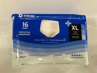 BOX OF ASSORTED ITEMS INCLUDE SUNKISS XL FIT WAIST NAPPIES 16 IN PACK SIZE XL
