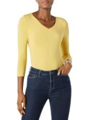 QTY OF ITEMS TO INLCUDE BOX OF ASSORTED ITEMS TO INCLUDE ESSENTIALS WOMEN'S CLASSIC-FIT 3/4 SLEEVE V-NECK T-SHIRT (AVAILABLE IN PLUS SIZE), DARK YELLOW, XXL, ESSENTIALS MEN'S STRAIGHT-FIT CASUAL STRE