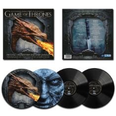 QTY OF ITEMS TO INLCUDE 5 X ASSORTED VINYL ALBUMS TO INCLUDE GAME OF THRONES VOL 1, DOUBLE LP PICTURE 12" VINYL, 180 GRAM, LP RECORD, LABEL: MUSICBANK, 66 ( EXCLUSIVE RED VINYL).