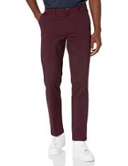 QTY OF ITEMS TO INLCUDE BOX OF ASSORTED ITEMS TO INCLUDE ESSENTIALS MEN'S STRAIGHT-FIT CASUAL STRETCH CHINO TROUSER, BURGUNDY, 34W / 32L, ESSENTIALS MEN'S LIGHTWEIGHT WATER-RESISTANT PACKABLE HOODED