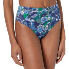 QTY OF ITEMS TO INLCUDE BOX OF ASSORTED ITEMS TO INCLUDE ESSENTIALS WOMEN'S HIGH WAIST HIGH LEG BIKINI BOTTOM, DEEP BLUE PAISLEY, 16, SPEEDO WOMEN'S ECO ENDURANCE+ THINSTRAP 1 PIECE SWIMSUIT | ATHLET