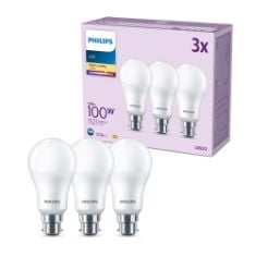 QTY OF ITEMS TO INLCUDE BOX OF ASSORTED ITEMS TO INCLUDE PHILIPS LED FROSTED A60 LIGHT BULB 3 PACK [WARM WHITE 2700K - B22 BAYONET CAP] 100W, NON DIMMABLE. FOR HOME INDOOR LIGHTING, BENROSS 44570 JUM