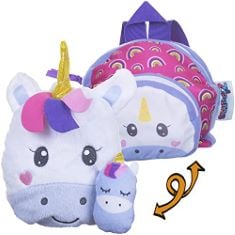 BOX OF ZIPSTAS FAMILIES 3-IN-1 GIRLS SLEEPOVER BAG REVERSIBLE BACKPACK CUDDLY UNICORN MUMMY AND BABY SOFT TOYS AND MEDIUM SIZED BAG.