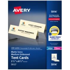 QTY OF ITEMS TO INLCUDE BOX OF ASSORTED ITEMS TO INCLUDE AVERY PRINTABLE TENT CARDS WITH SURE FEED TECHNOLOGY, 2.5" X 8.5", IVORY WITH EMBOSSED BORDER, 100 BLANK PLACE CARDS FOR LASER OR INKJET PRINT