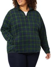 20 X ESSENTIALS WOMEN'S CLASSIC-FIT LONG-SLEEVE QUARTER-ZIP POLAR FLEECE PULLOVER JACKET (AVAILABLE IN PLUS SIZE), GREEN NAVY PLAID, 5XL PLUS AND ASSORTED BOX OF MIXED CLOTHING ALL SIZES AND COLOURS