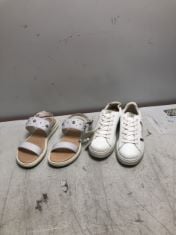 3 X ASSORTED SHOES WHITE TRAINERS IN SIZE 38 AND WHITE SAND LED IN SIZE 38 AND WOMEN SHOE IN SIZE 39.