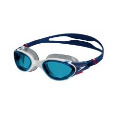 BOX OF ASSORTED ITEMS TO INCLUDE SPEEDO UNISEX BIOFUSE 2.0 SWIMMING GOGGLES, PATENTED EASY ADJUSTMENT, ANTI-FOG, ANTI-LEAK, ENHANCED FIT, IMPROVED COMFORT, AMMONITE BLUE/WHITE/RED/BLUE, ONE SIZE.