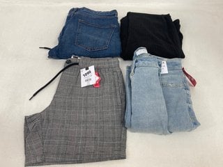 4 X ASSORTED WOMENS & MENS CLOTHING IN VARIOUS DESIGNS & SIZES TO INCLUDE TOPSHOP FABRIC RIBBED BOTTOMS IN BLACK - UK SIZE 8: LOCATION - E2