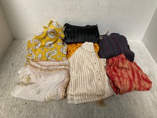 QTY OF ASSORTED WOMENS CLOTHING IN VARIOUS DESIGNS & SIZES TO INCLUDE EMBROIDERED SCARF IN CREAM: LOCATION - I10