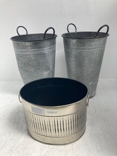 3 X ASSORTED METAL POTS IN VARIOUS SHAPES & SIZES: LOCATION - I4